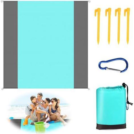 HOXILEELEOTapis de plage 210x200cm anti-sable, couverture pique-nique 4 piquets pliable camping (1/5)