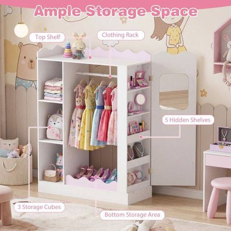 Meuble de rangement pour déguisements d'enfant rose avec miroir, portant et étagères pour chambre et salle de jeux (1/5)
