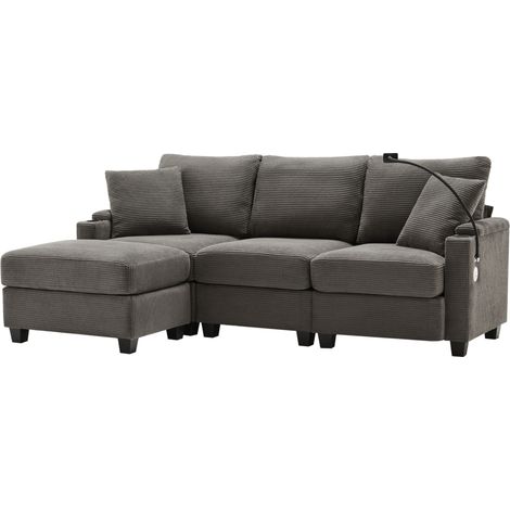 Sofá rinconero en L convertible de 3 plazas con puff, portavasos, USB y 2 cojines, gris oscuro (1/5)