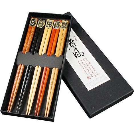 Coffret cadeau de 5 paires de baguettes japonaises en bois naturel, peintes. (1/5)