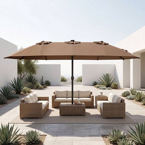 15ft Double-Sided Patio Umbrella, Solar LED Lights, Brown (1/5)