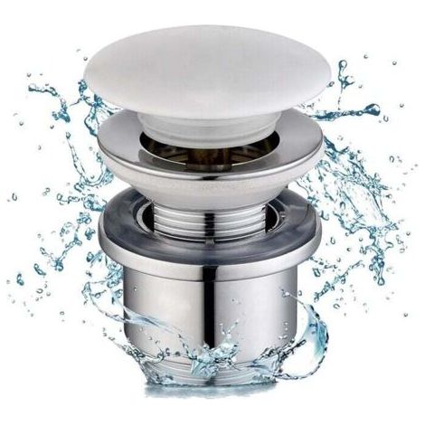 Bouchon d’évacuation à pression pour lavabo (avec trop-plein), avec panier filtrant, vanne d’évacuation en laiton chromé et commande rapide par pression