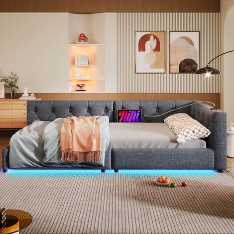 Cama infantil de 90x200 cm con iluminación LED, puertos USB/Type-C, de lino, sin colchón, gris (1/5)