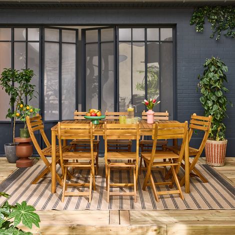 Table de jardin acacia avec coins arrondis + 8 assises naturel. 160 x 90 x 75 cm (1/5)