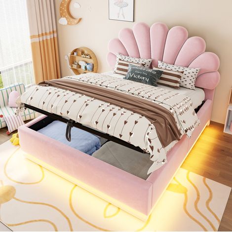 Letto matrimoniale imbottito 140x200 cm, testiera a fiore, contenitore idraulico, luci LED, velluto rosa (1/5)