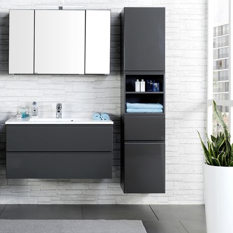 Badmöbel Set COMO-03, 3-teilig, Hochglanz grau, 100cm Waschtisch (1/5)