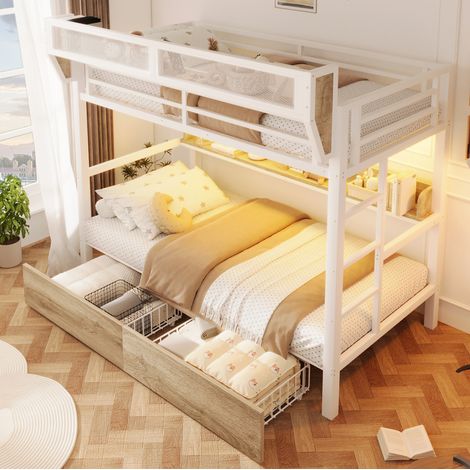 Lit superposé moderne 90x200 cm métal et MDF blanc avec étagères, 2 tiroirs, panier latéral et LED (1/5)