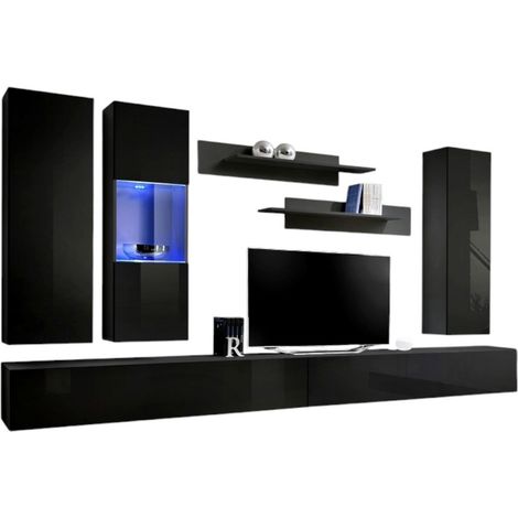 Mobile TV FLY E5 design, colore nero lucido. Mobile sospeso moderno e alla moda per il tuo soggiorno.