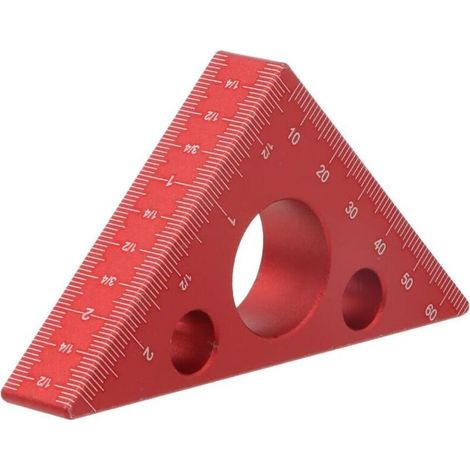 Équerre triangulaire isocèle en aluminium épais, graduée à 45/90 degrés, avec échelles impériales et métriques. Outil de mesure de haute précision pour le travail du bois. Référence : MG-045R. (1/5)