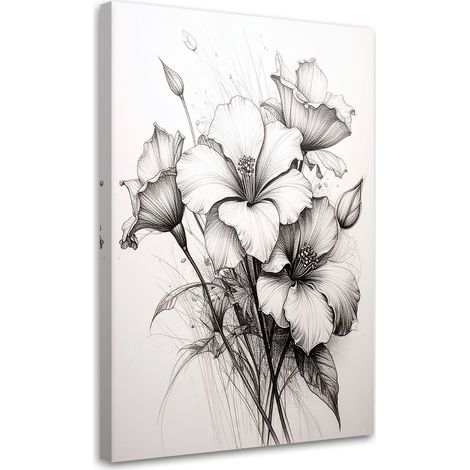 Quadro su tela, Fiori bianchi e neri in una delicata composizione botanica. - 60x90 (1/2)