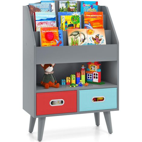 Bibliothèque Enfant Rangement Livres et Jouets 3 Niveaux 2 Tiroirs Tissu Sécurité Anti-basculement Chambre Bébé Gris (1/5)