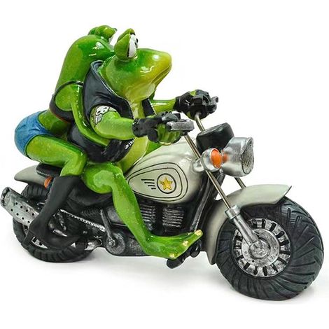 Simpatica statuetta di rana in resina per decorazione da giardino, divertente statuetta artistica da cortile con motocicletta (verde).