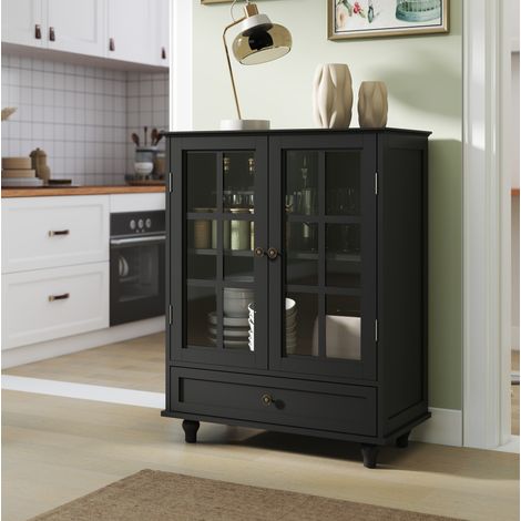 MODFU – Aparador vitrina 71x38x93 cm de MDF y vidrio templado con 2 puertas de vidrio, cajón, estante regulable, acabado UV, patas de madera maciza y carga 45 kg – Negro (1/5)