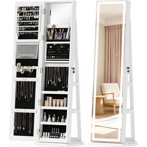 White Jewellery Cabinet with Illuminated Mirror, 55 x 55 x 158.5 cm (1/5)