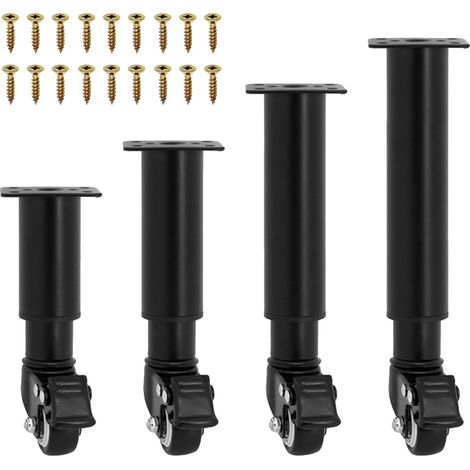 Lot de 4 pieds de meubles réglables en hauteur avec roulettes pivotantes à 360° et frein, hauteur 24,5 à 36 cm, pour canapé, lit, armoire, table et meubles, noirs (1/5)