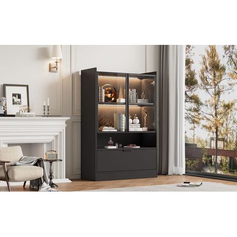 Vitrine moderne en LED, couleur noire mat. Hauteur : 120 cm. Equipée d’un éclairage LED de 16 couleurs. Vitrine en verre, avec un éclairage intégré. (1/5)