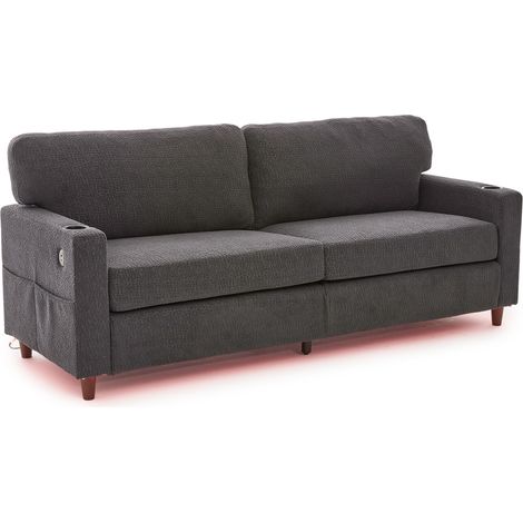 CAIziCanapé 2p chenille gris foncé, cadre bois métal, LED, USB-C, rangements (1/5)