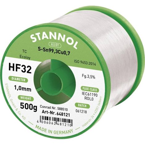 Stannol HF32 3500 estaño para soldar bobina 500 g sin plomo