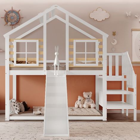 Etagenbett mit Rutsche und Treppe, Hausbett für Kinder mit Absturzsicherung und Fenster, 90x200 cm, Massivholz Blockhausbett Weiß (1/5)