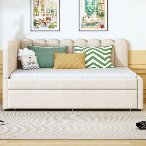 Lit Polster en L, canapé-lit 140x200 cm avec dossier fleuri et lit escamotable, velours beige, tissu doux, 2 places, convertible (1/5)