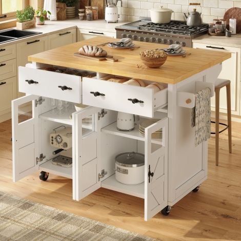 Desserte de cuisine avec 5 roulettes, 4 portes, 2 tiroirs, plateau de table pliable, porte-serviettes, porte-épices, blanc (1/5)