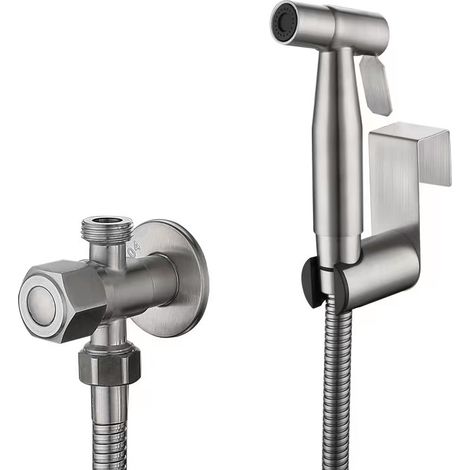 Manufacturer's cross-border 304 stainless steel toilet companion bidet spray gun set, high-pressure booster nozzle toilet -- 304 spray gun + 1.5-meter hose + hook + double outlet angle valve