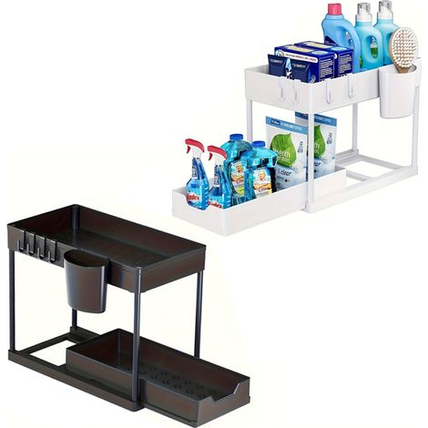 Juego de 2 organizadores debajo del fregadero con estantes deslizantes, estante de almacenamiento de 2 niveles para baño y cocina, almacenamiento de plástico, negro + blanco (1/5)