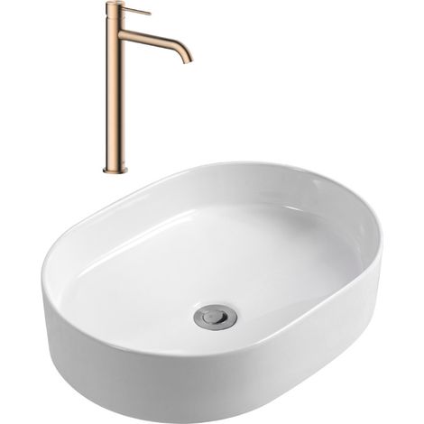 Aurum mitigeur lavabo en inox, or rose + Ceramia PixL 50x36,5x12 cm vasque à poser, blanc (SAT285BRGCEPX5037)