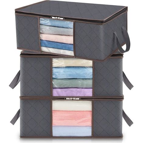 Lot de 3 sacs de rangement 35L, boîtes de rangement avec couvercle, grand rangement vêtements, cartons de déménagement,gris (1/5)