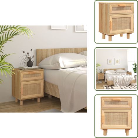 Table de chevet Marron Bois de pin massif et rotin naturel - Table De Chevet - Meuble De Chambre - Table D'appoint - Mobilier Scandinave - Commode