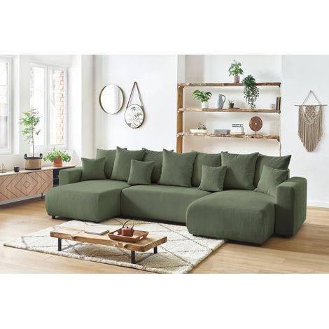 BOBOCHIC - Canapé panoramique convertible coffre ENVY Velours côtelé avec pouf Vert (1/5)