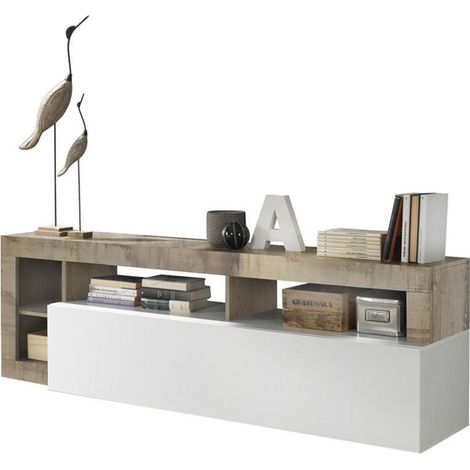 Meuble TV 1 porte - Finition Blanc Laque et Effet Bois Vintage - L 184 x P 42 x H 56 cm - MAESTRO (1/5)