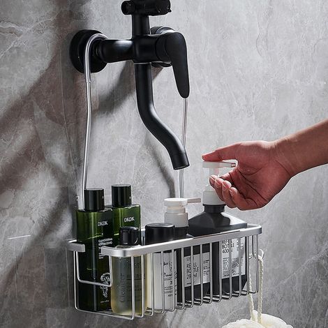 Cestino portaoggetti da bagno sospeso, contenitore resistente alle forature per gel doccia e shampoo, colore argento.