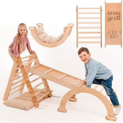 4-in-1 Montessori Climbing Set: Climbing Triangle, Slide & Arch with Cushion – Indoor Wooden Playground for Kids Ages 1-5 (1/5)