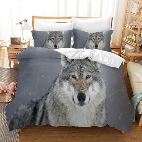 Bettwäsche-Set 135x200 cm mit Wolf-Motiv, 3D-Druck, Mikrofaser, 2 Kissenbezüge