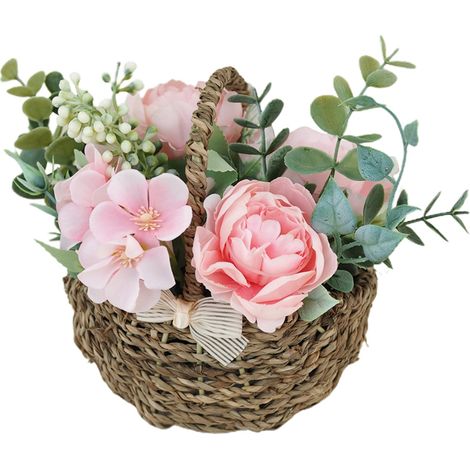 Panier tressé à la main avec fleurs artificielles roses, nœud décoratif, petite plante en pot (1/3)