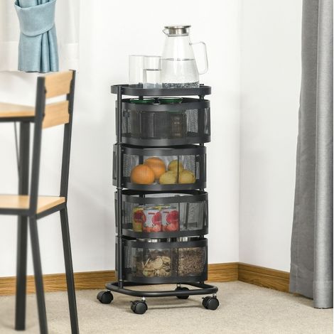 Rollwagen 33x33x77 cm Schwarz mit 4 Ebenen, Rollen und oberem Ablagefach (1/5)