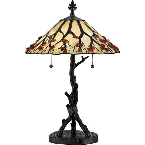 Elstead Quoizel Whispering Lampe de table style Tiffany Valiant Bronze, abat-jour en verre artistique 2x E27