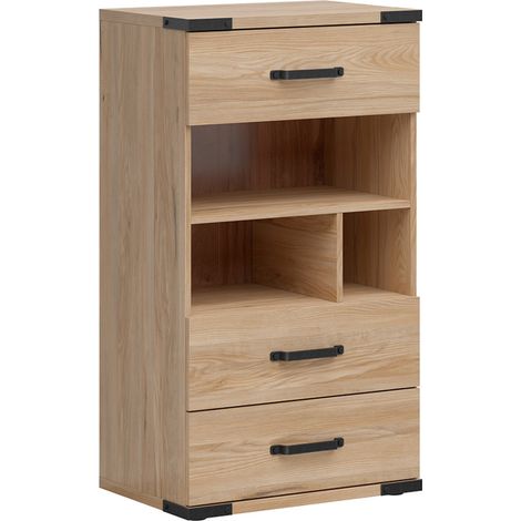 Commode de rangement 3 tiroirs et étagères coloris Frêne / Noir - Longueur 60 x Profondeur 40 x Hauteur 108,5 cm (1/5)