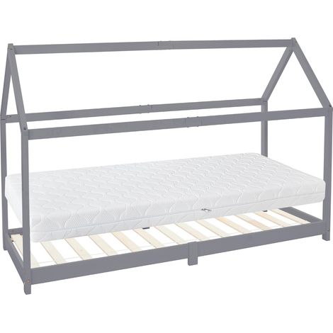 ML-Design Kinderbett 90x200 cm Hellgrau mit Matratze H:16 cm, Dach, Lattenrost, Kinderhaus aus Kiefernholz, Bodenbett Jugendbett, Mädchen & Jungen Hausbett, Holzbett Kinder Bett Bettenhaus Spielbett