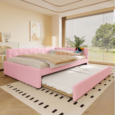 Bett aus Vliesimitat und MDF in Rosa, 140x200 cm, mit Lattenrost, Ausziehbett, Nachttischlampe, USB und Typ-C (1/5)