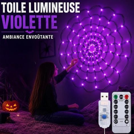 Décoration Halloween guirlande lumineuse toile d’araignée LED USB violette 70 LED 120 cm télécommande (1/5)
