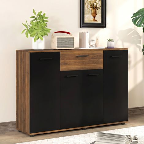 Buffet salon meuble de rangement avec 4 placards, tiroirs et étagères réglables, dim. 120 x 35 x 85 cm, marron et noir (1/5)