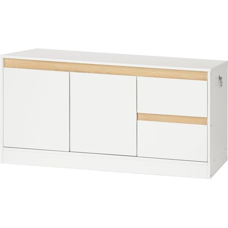 Banc de Rangement avec Placard à Deux Portes et Deux Tiroirs, Coffre de Rangement avec Couvercle, pour Chambre, Salon, Blanc et Bois Naturel (1/5)