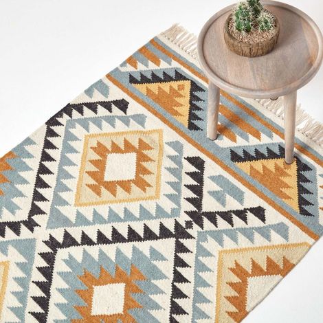 HOMESCAPES Tapis Kilim en laine à motif géométrique jaune - Agra - 90 x 150 cm