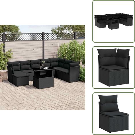 The Living Store 9-tlg. Garten-Sofagarnitur mit Kissen Schwarz Poly Rattan - Gartenmöbel Set - PE-Rattan Möbel - Outdoor Sofa - Gartenlounge - Balkonmöbel (1/5)