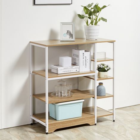 Platzsparendes, niedriges Küchenregal im Industriestil, 7-stöckiger Küchenschrank aus Metall und Holz, 90 x 40 x 95 cm, Weiß
