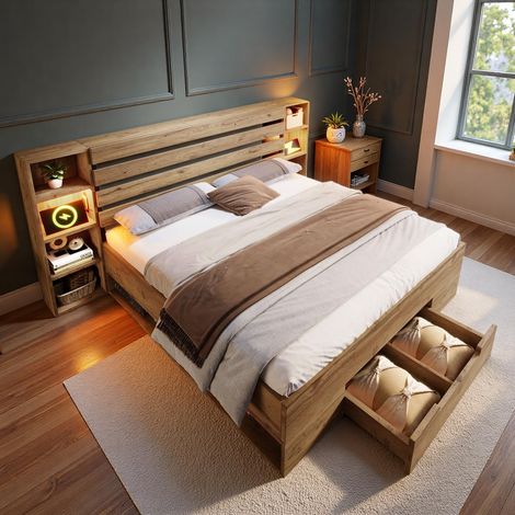 Lit Double en Bois Massif 180x200 avec éclairage LED,Port USB-C,tiroirs,Tête de lit avec Rangement,Cadre de lit 180x200 avec sommier à Lattes,Couleur chêne (1/5)