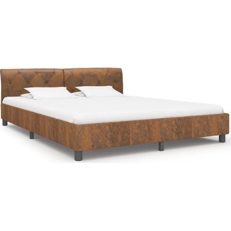 Lit adulte simili cuir marron et pieds métal noir Meyza 180x200 cm (1/5)