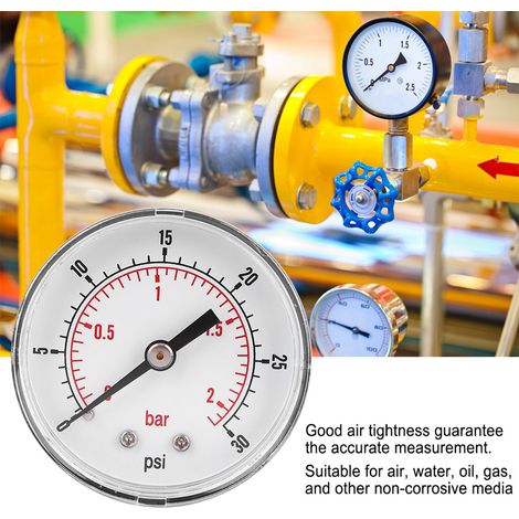 Manomètre à cadran 50 mm raccord arrière 1/4 BSPT pour air eau huile gaz (0-30PSI 0-2Bar) (1/5)